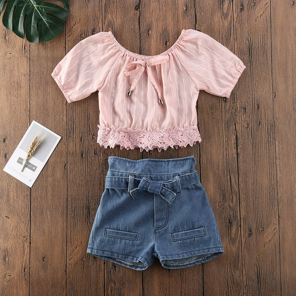Kids Baby Girl Shorts Set Pink Lace Off Shoulder Tops Denim