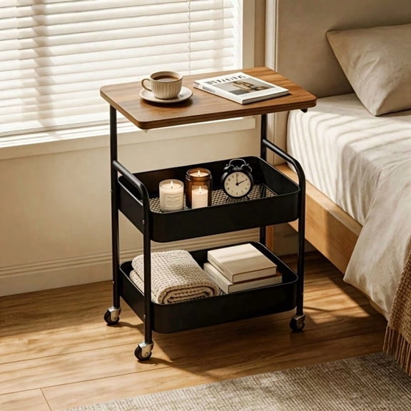 Multi-Tier Rolling Storage Cart with Wooden Tabletop, Mobile Narrow Side Table with Wheels, Multifunctional Rolling Bedside & Sofa Storage Trolley for Bedroom Living Room