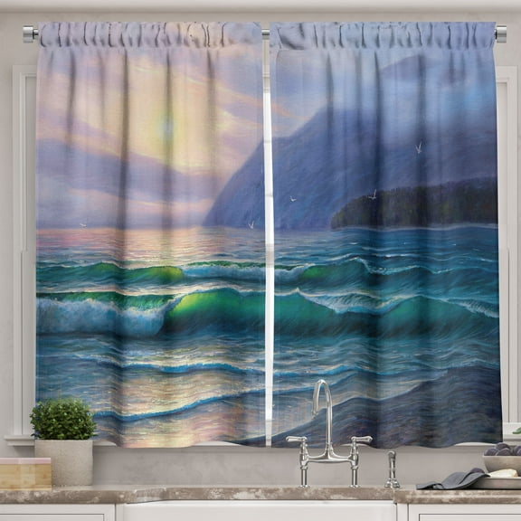 Ambesonne Nature Kitchen Curtains, Ocean Morning Mountain, 55"x39", Lilac Teal