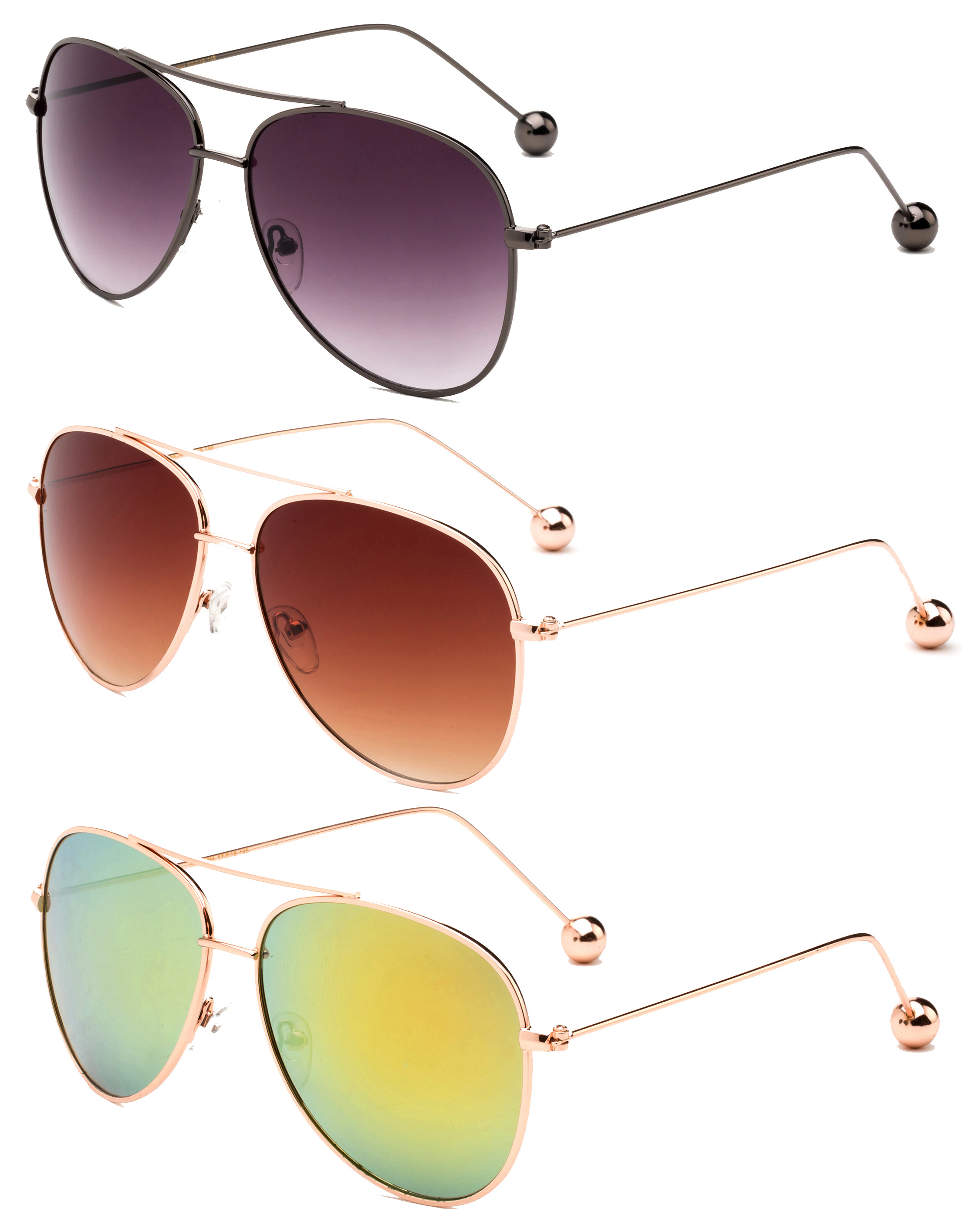3 Pack Aviator Metal Frame Metal Ball Tip Fashion Sunglasses for Women for Men, Black Smoke, Gunmetal, Brown & Orange - image 2 of 2