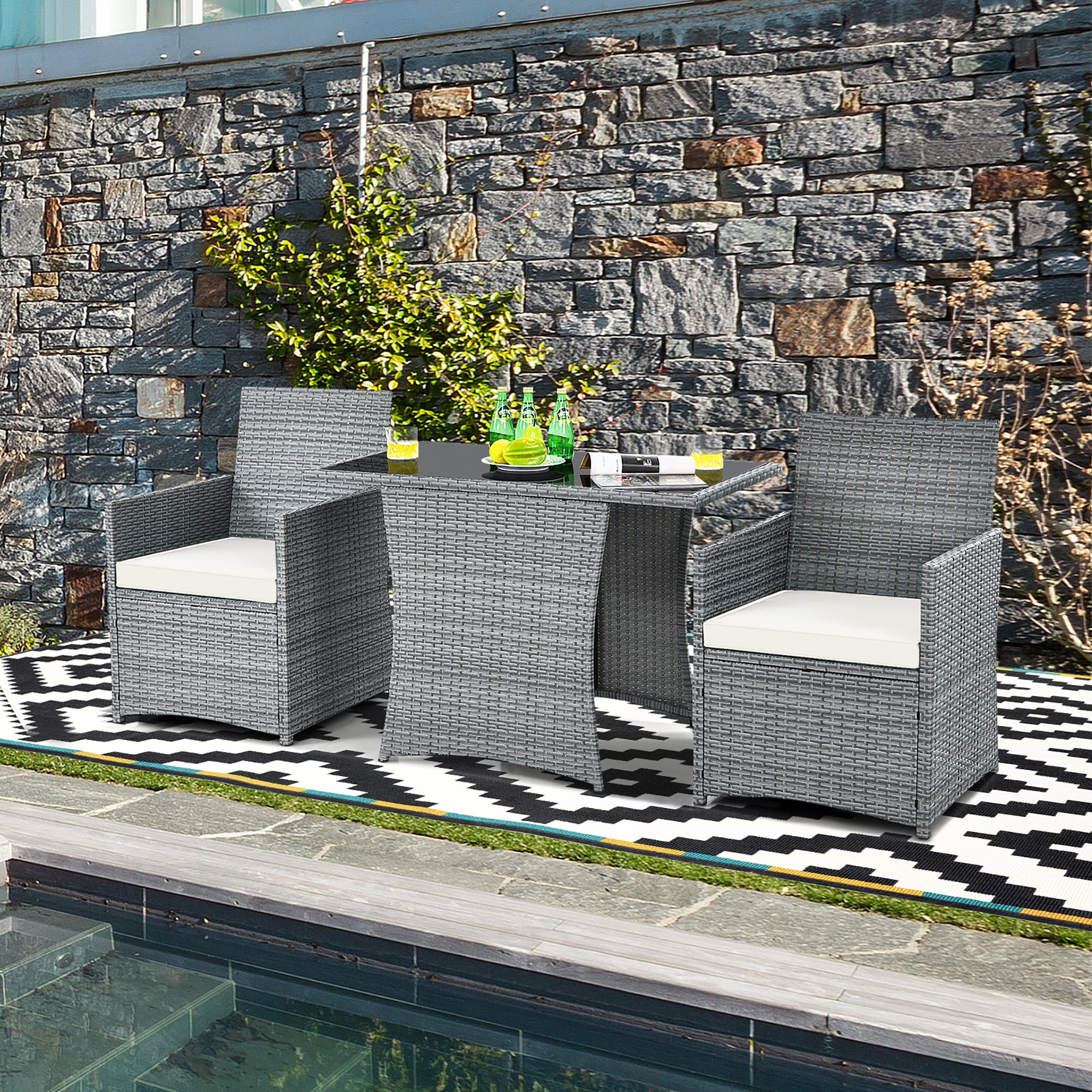 Costway 3PCS Patio Rattan Furniture Set Cushioned Sofa Armrest  Garden White