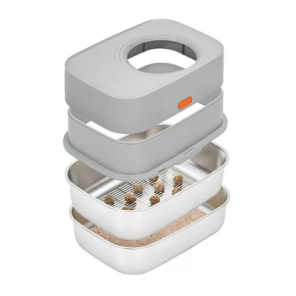 Furrbby Stainless Steel Sifting Litter Box with Lid for Big & Multi Cat, Easy Clean, with Scoop, Grey