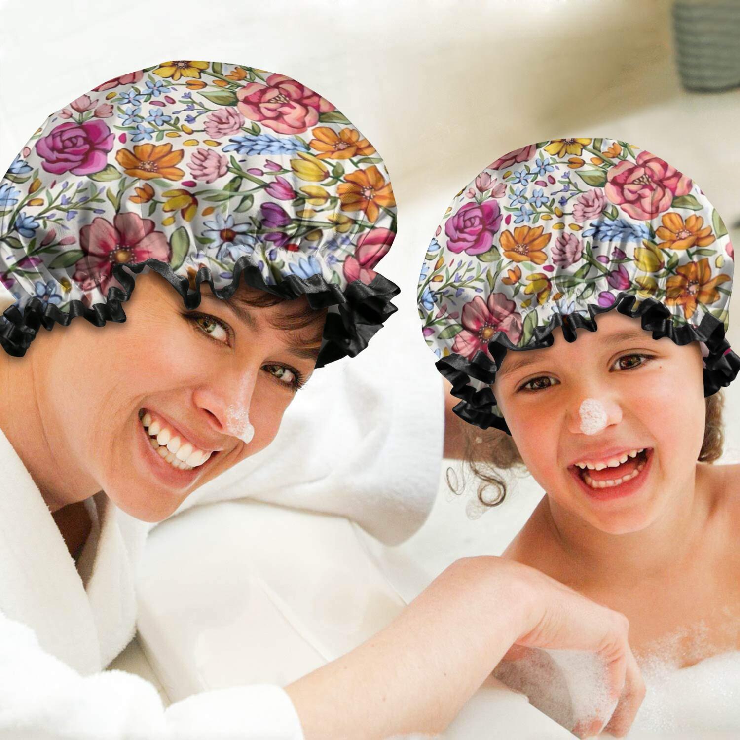 Shower Caps,Pioneer Flower Floral Print Pattern Waterproof Shower Cap for Women 4 Pieces,Double Reusable Hair Cover for Shower PEVA Elastic Stretch Hem