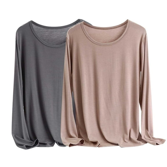 Eiyaclvo 2Pc Long Sleeve Shirts for Women Loose Fit Plus Size Crew Neck Pullover Tops Solid Color Tshirts Basic T-Shirts Soft Tops
