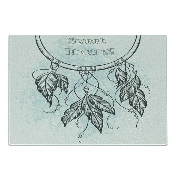 Saying Cutting Board, Doodle Hand Drawn Dream Catcher Culture Inspired Design, Decorative Tempered Glass Cutting and Serving Board, Small Size, Grey and Pale Blue, by Ambesonne