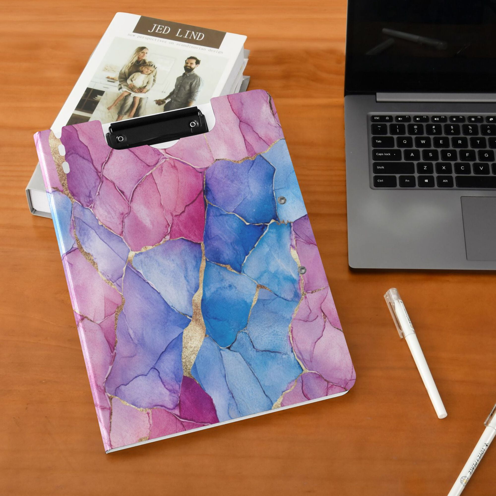 FORMRS A4 Clipboard Folder with Pen Holder Horizontal Foldable School Office Binder, Watercolor Blue Marble Pattern