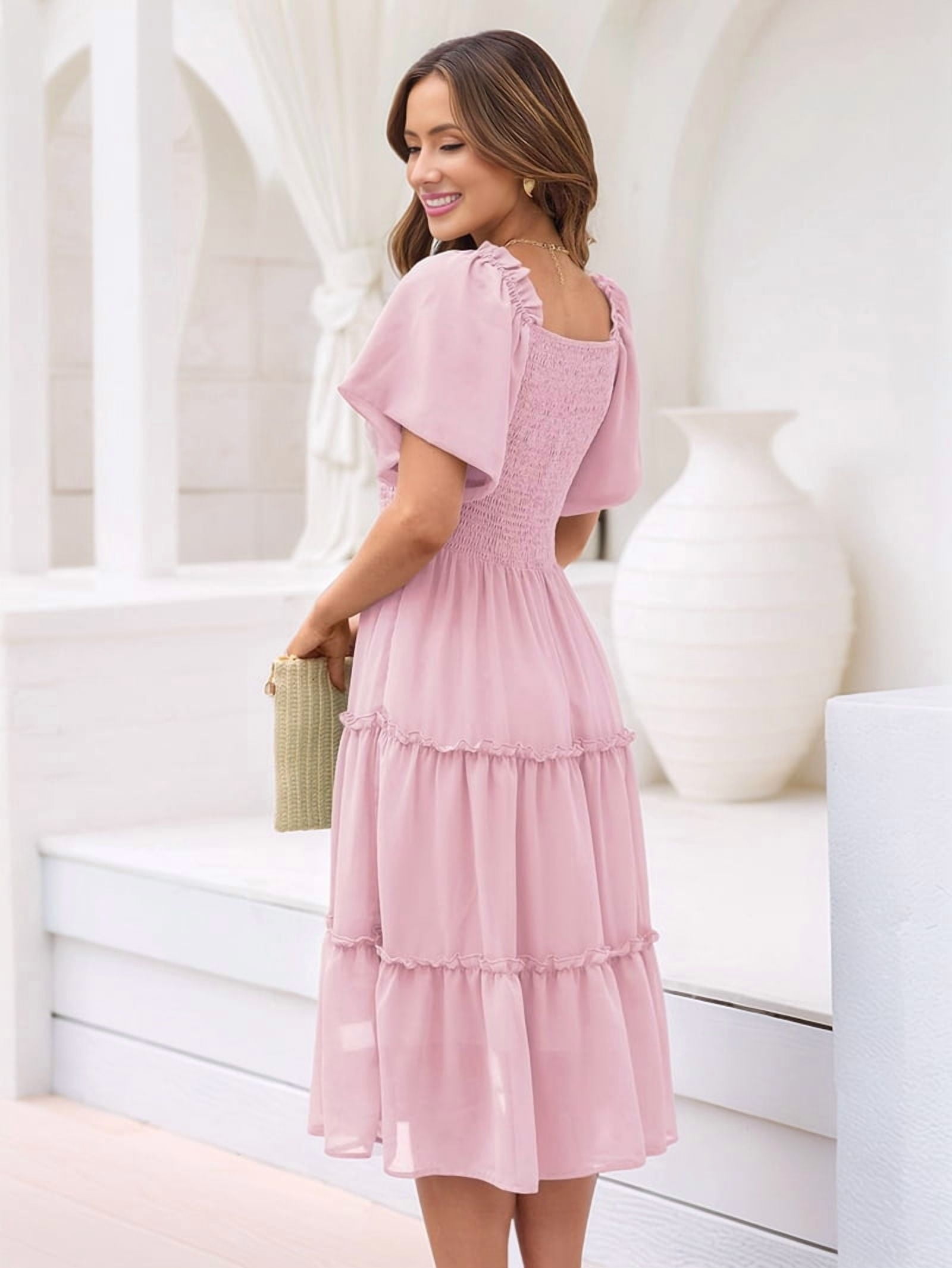 Women'S Summer Casual Flutter Sleeve Square Neck Smocked Midi Dress Pale Pinkish Gray XL