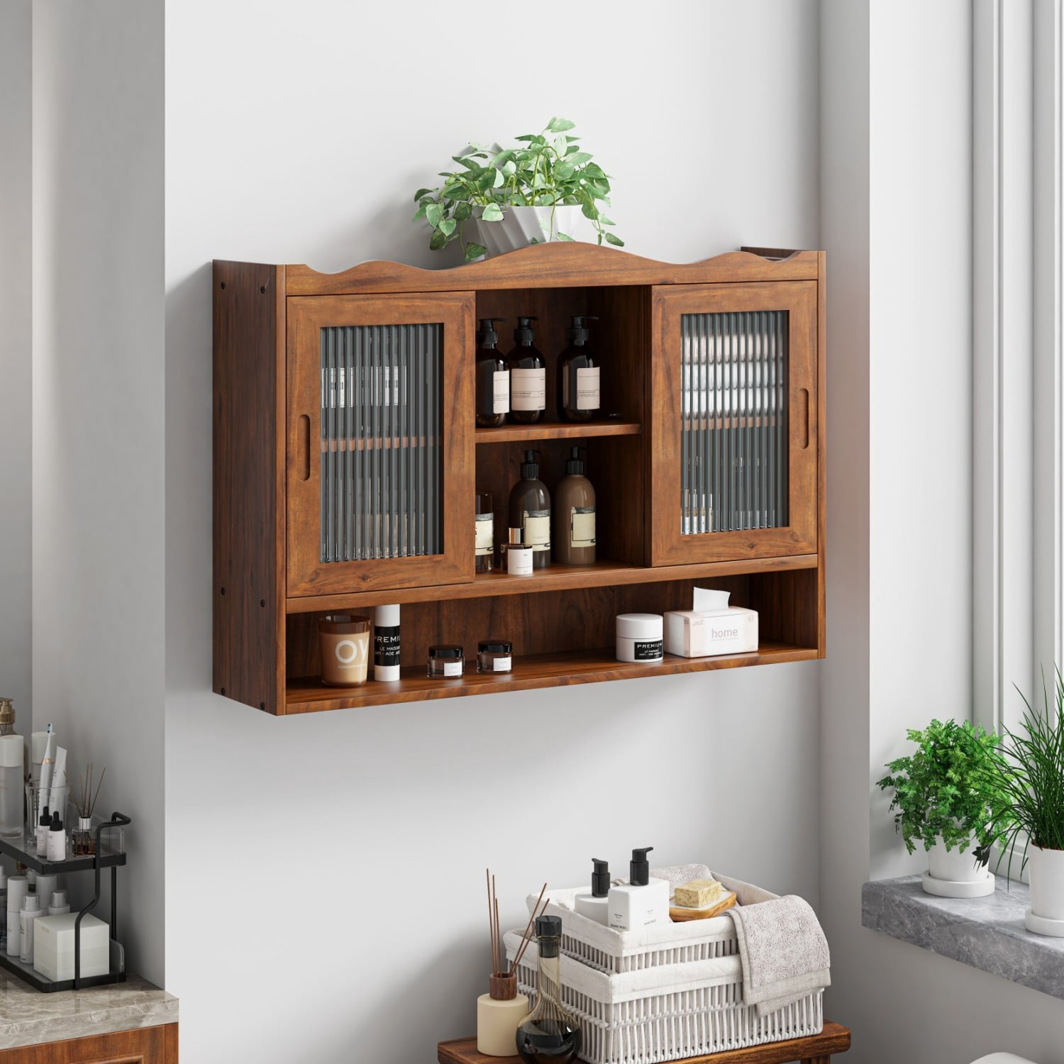 35.4" Retro Wall Mounted Storage Cabinet with 2 Sliding Glass Doors, 3 Tier Wooden Shelves, Space Saving Display Cupboard for Bathroom Kitchen Dining Room, Brown