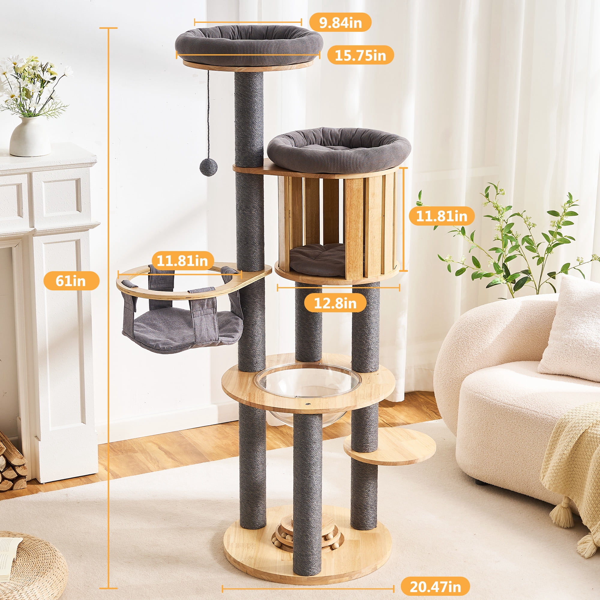 HITTITE Solid Wood Cat Tree Tower with Scratching Post, 61 Inches Tall Cat Towers with Capsule and Condo, Modern Cat Tower with Hammock and Removable Top Bed for Indoor Cats.Grey