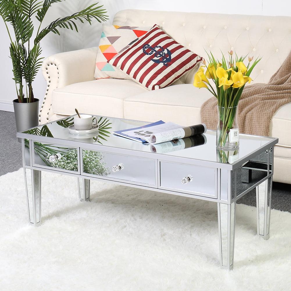 Kepooman Mirror Artificial Wood Coffee Table with 3 Drawers, Mirror Console Table for Living Room, Mirror Silver Kepooman Mirror Artificial Wood Coffee Table with 3 Drawers, Mirror Console Table for Living Room, Mirror Silver