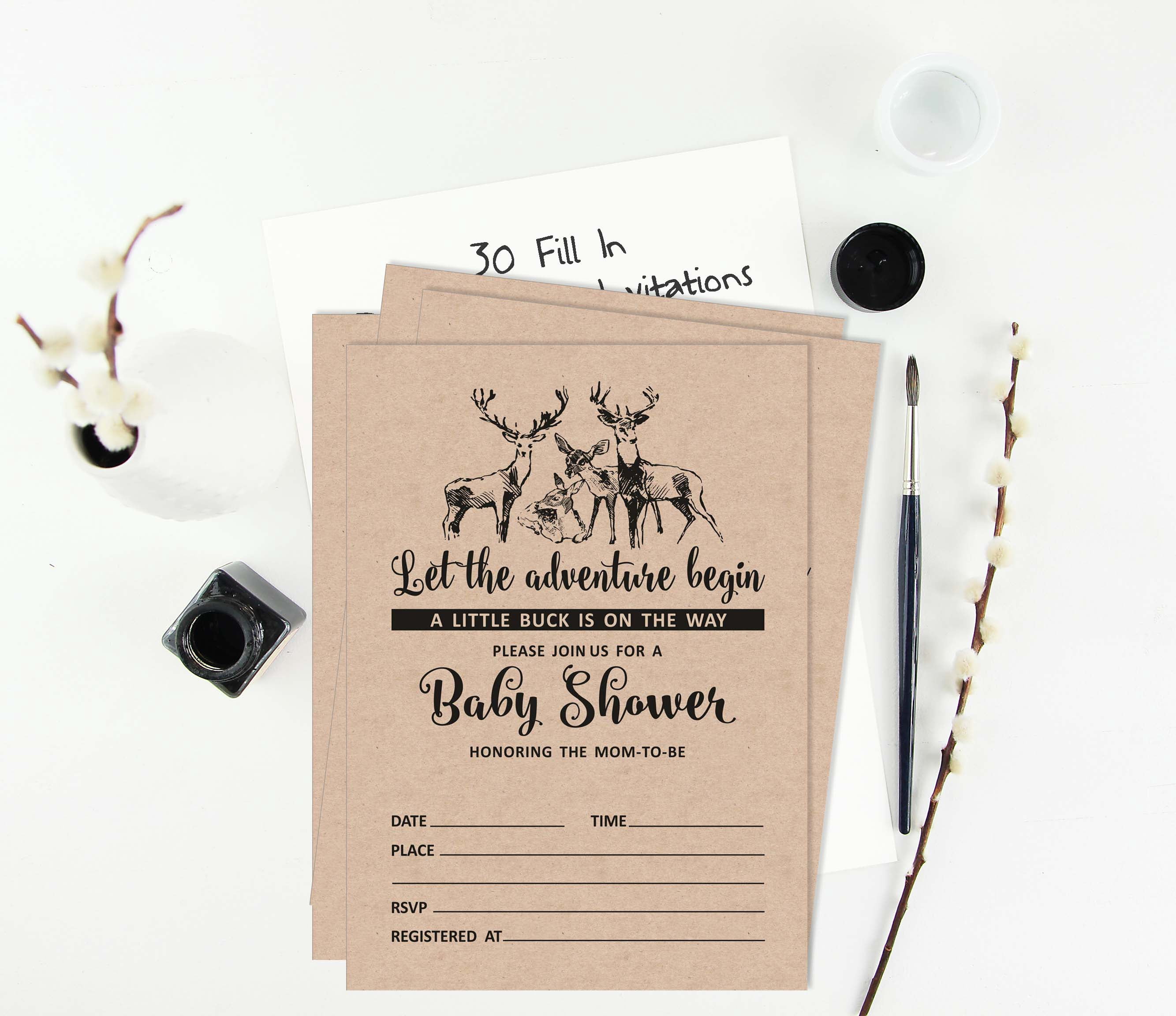Inkdotpot 30Deer Jungle Animals Baby Shower Rustic Invitation Cards Fill In Blank Invites