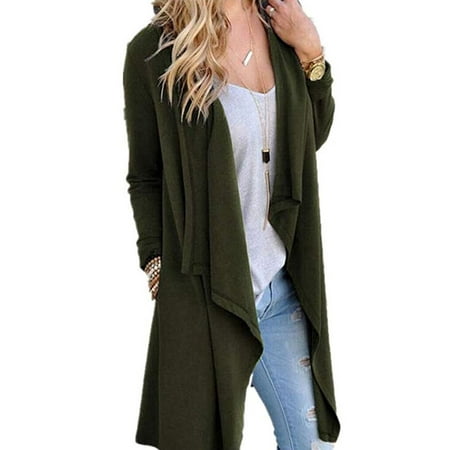 Open Trench - Women's Solid Knitted Open Front Long Trench Coat Cardigan