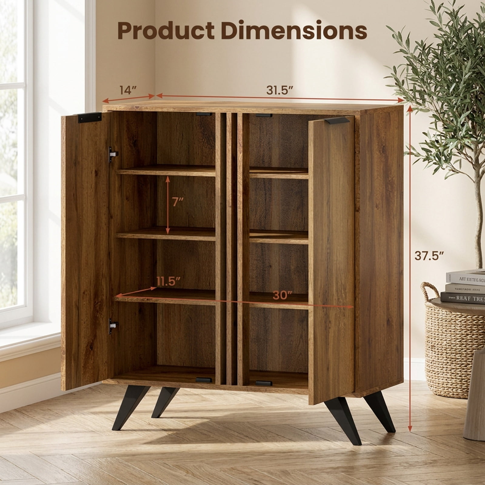 Furnibear 4 Tier Freestanding Hidden Shoe Cabinet with 2 Doors and Ventilated Shelves for Entryway Closet and Living Room, Natural