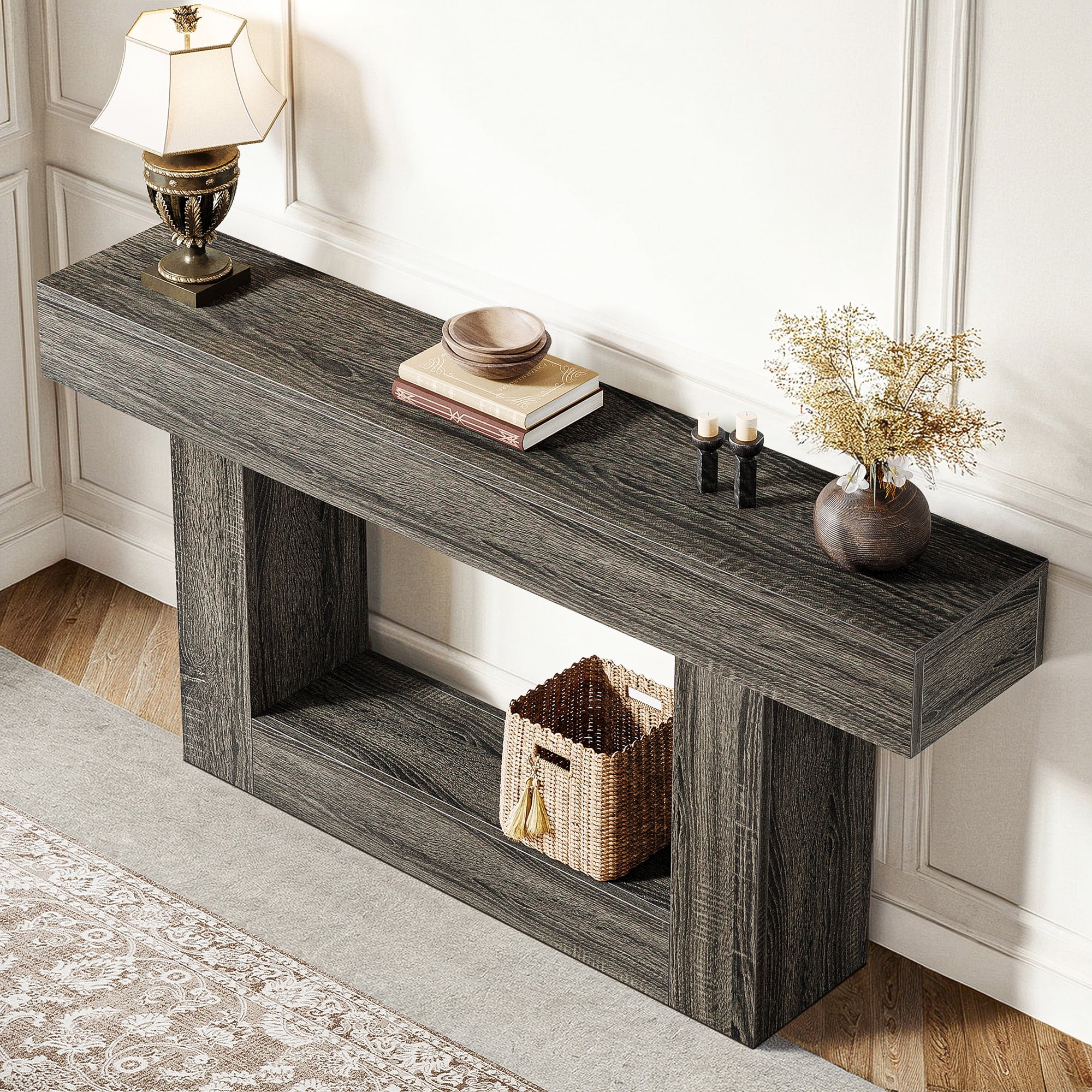 Demi Bonn 63" Wood Console Table, Farmhouse 2-Tier Sofa Table Entryway Table, Foyer Display Table, Dark Gray