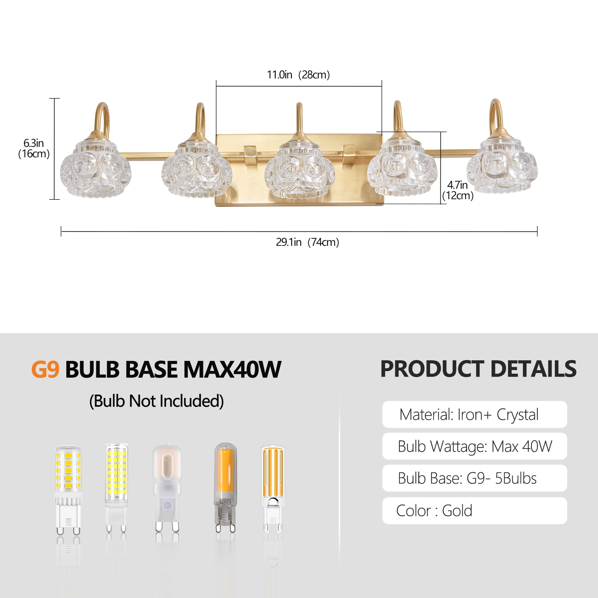 Leumius Retro 5-Light Bathroom Vanity Light Fixture - Golden Finish with Crystal Glass Shades, Wall Mounted Lighting for Bathroom, Powder Room, and Vanity Mirror (No Bulbs)