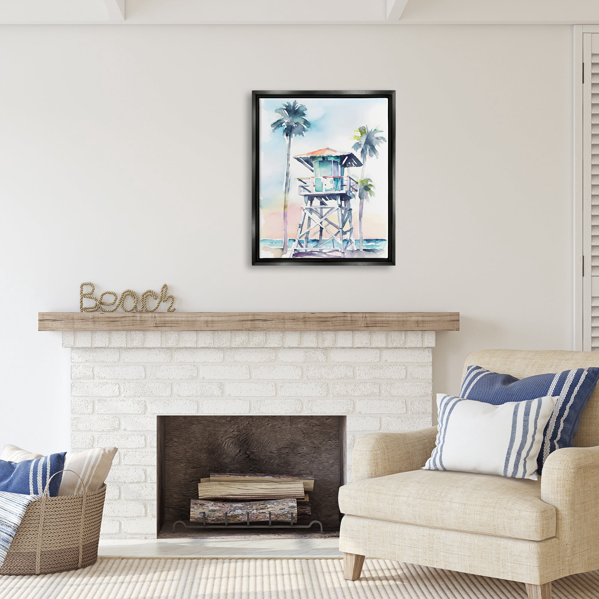 Stupell Industries Lifeguard Hut on Beach Landscape Painting Black Floater Framed Canvas Art Print Wall Art, 25 x 31