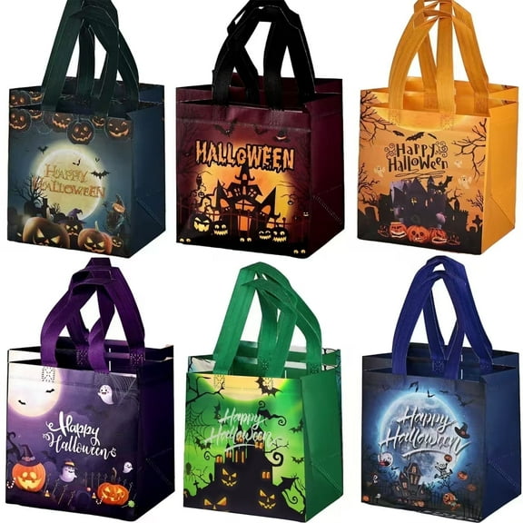 12 Pcs Halloween Trick or Treat Bags Non-Woven, 7.9 x 7.9 x 4.8 Inch Reusable Gift Tote Bags with Handles, 6 Colors Goodie Candy Bags for Halloween Party Supplies