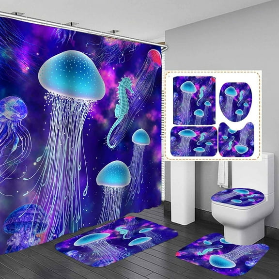 4PCS Purple Galaxy Blue Jellyfish Shower Curtain Set, Seahorse Ocean Animals Universe Space Girls Boys Kids Bathroom Decor, Waterproof Fabric Shower Curtain, Non-slip Bath Mat Bathroom Rugs
