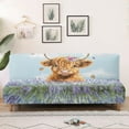 thumbnail image 3 of Jiueut Highland Cattle Lavender Print Armless Sofa Cover, Polyester Spandex Futon Sofa Cover Breathable Non-Armrest Couch Furniture Protector with Elastic Bottom, 3 of 7