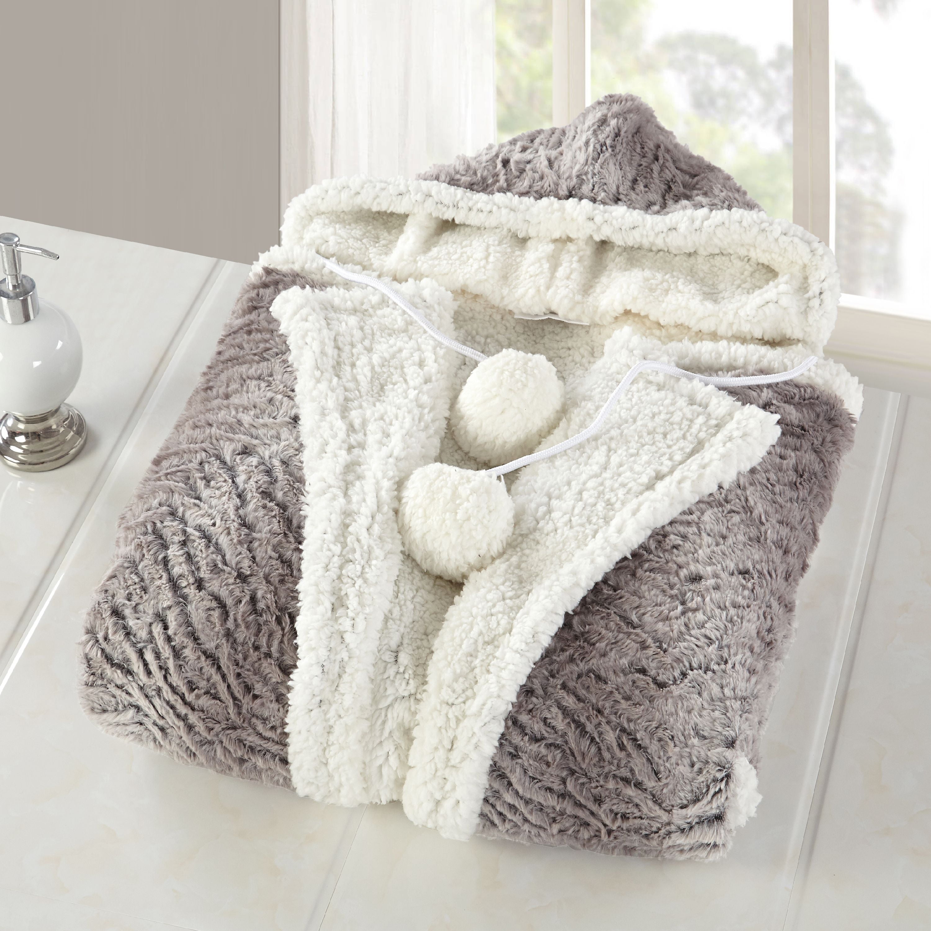 LUXURY SUPER SOFT SHERPA FAUX FUR HOODED SNUGGLE BLANKET THROW 4 COLOURS 