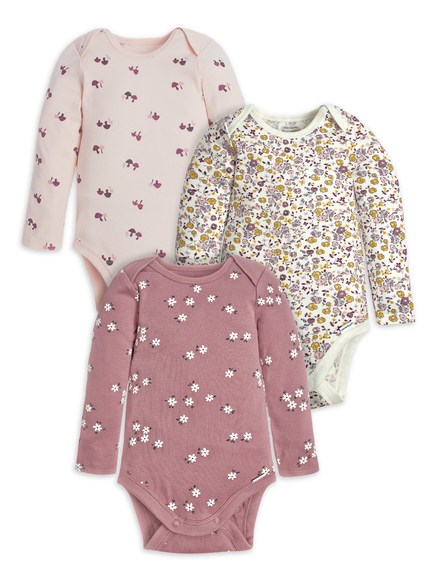 Modern Moments by Gerber Baby Girl Long Sleeve Onesies Bodysuits, 3-Pack (Newborn - 12M)