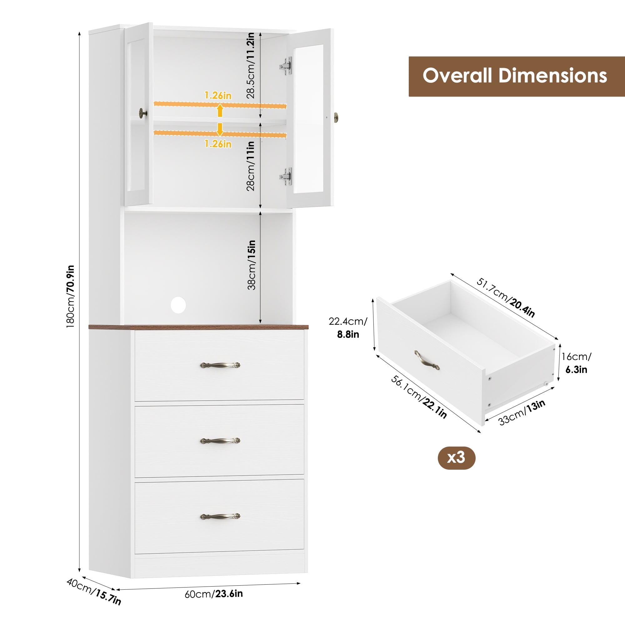 Homfa 71" Tall Kitchen Pantry Cabinet, Freestanding Storage Cupboard with Glass Doors, 3 Drawers & Adjustable Shelves, Modern Coffee Bar Cabinet for Kitchen Dining Room Living Room, White Oak