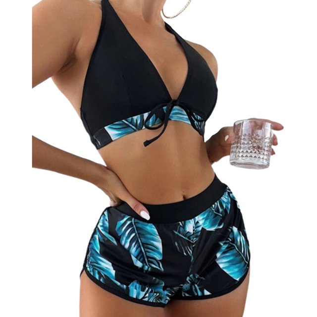 Askfv Traje de baño para mujer conjuntos de Bikini de 3 piezas conjuntos de Bikini con Tanga conjuntos de trajes de baño cortos de cintura alta con tirantes cruzados para mujer Askfv Bikini
