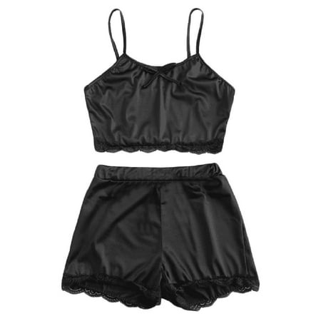 

Gaiseeis Women Sleepwear Sleeveless Bow Lingerie Nightwear Lace Trim Satin Top Pajama Set Black XXL