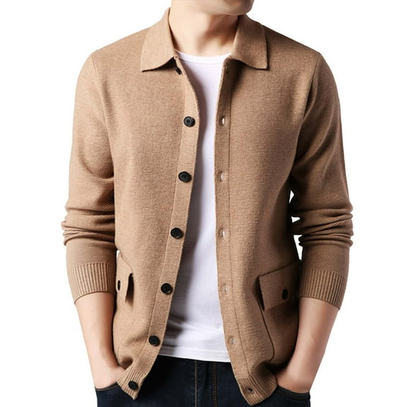 Mens Double Pocket Sweater Coat Solid Color Sweater Cardigan Coat