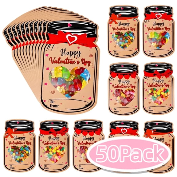 Jinswick Valentines Day Cards for Kids Mason Jar Happy Valentine's Day Gift Card Exchange Cards for Boys Girls Toddler School Class Classroom Party Favors 50Pack