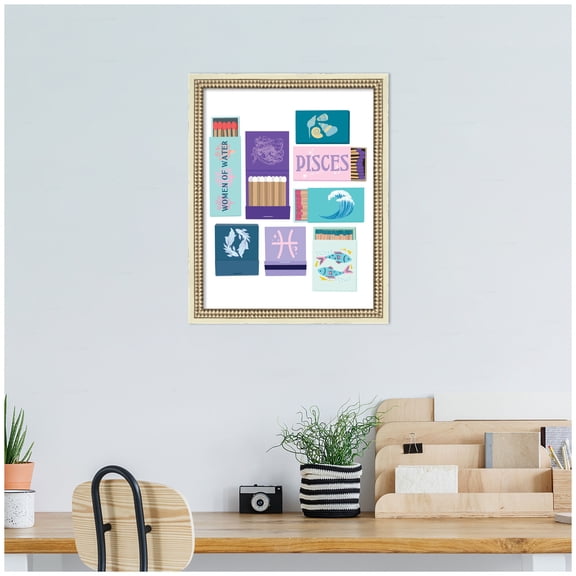 Kate and Laurel Framed Wall Art Print Pisces Matchbooks 14x18 FC by Megan Ryan, 16 x 20, Castellan Distressed White Frame, Whimsical, Typography Art for Wall Decor