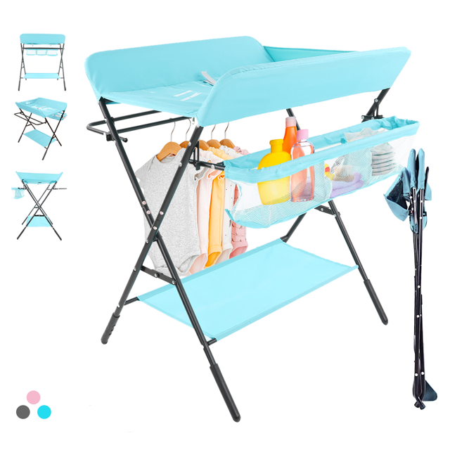 cambiador de pañales para bebé plegable portátil ligero baby gaon color verde gn-dc01 — cambiador plegable menta con armazón en X de metal negro y superficie acolchada elevada con bordes laterales; incluye bandeja inferior de tela y bolso organizador lateral de malla con compartimentos para pañales y accesorios; vista frontal 3/4 y versión plegada; útil como estación de cambio portátil para viajes.