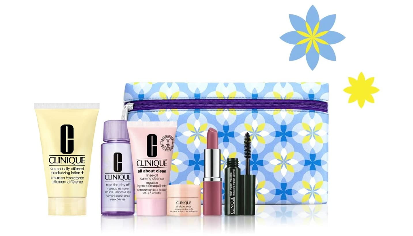 Clinique 7 pcs pieces Gift Set ($95 Value): Dramatically Different Moisturizing Lotion+ 1.7 oz, All About Eyes, High Impact Mascara, Take The Day Off Makeup Remover, Po Lip in Plum Pop & Makeup Bag