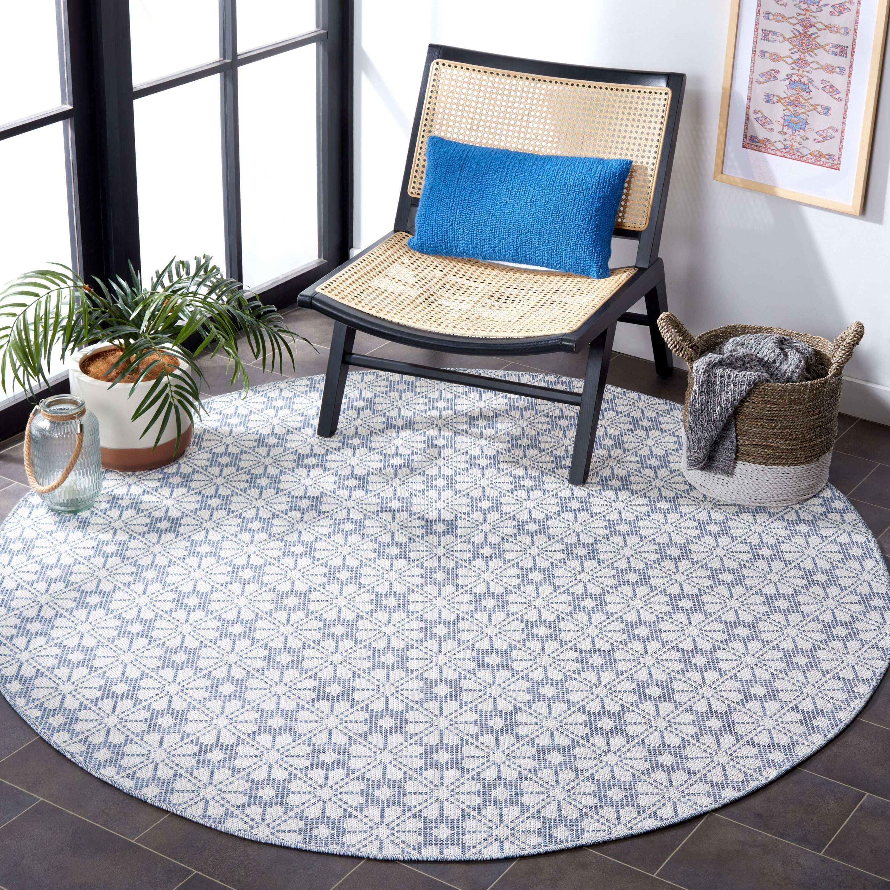 SAFAVIEH Martha Stewart Hampton Diamond Indoor/Outdoor Area Rug, Navy/Ivory, 6'5" x 6'5" Round