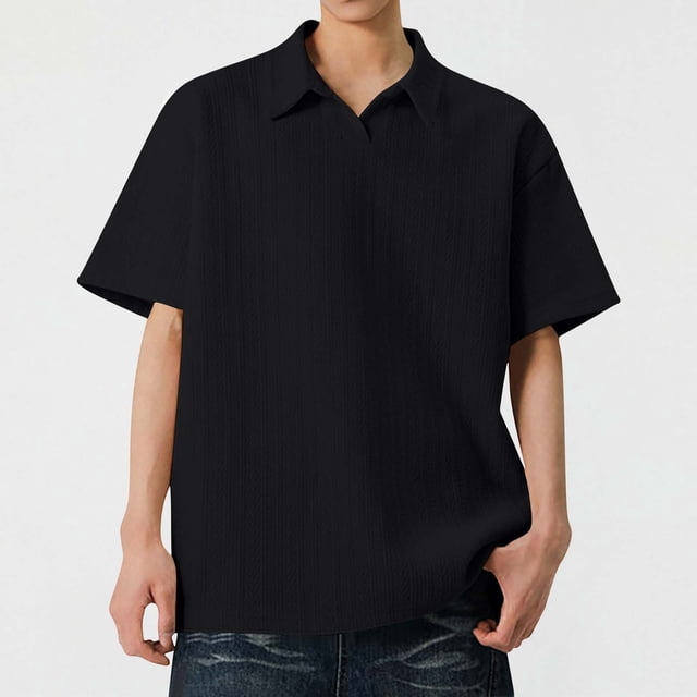 Playera Elvqul para Caballero Casual Negro Manga Corta Liso Solapa Botones