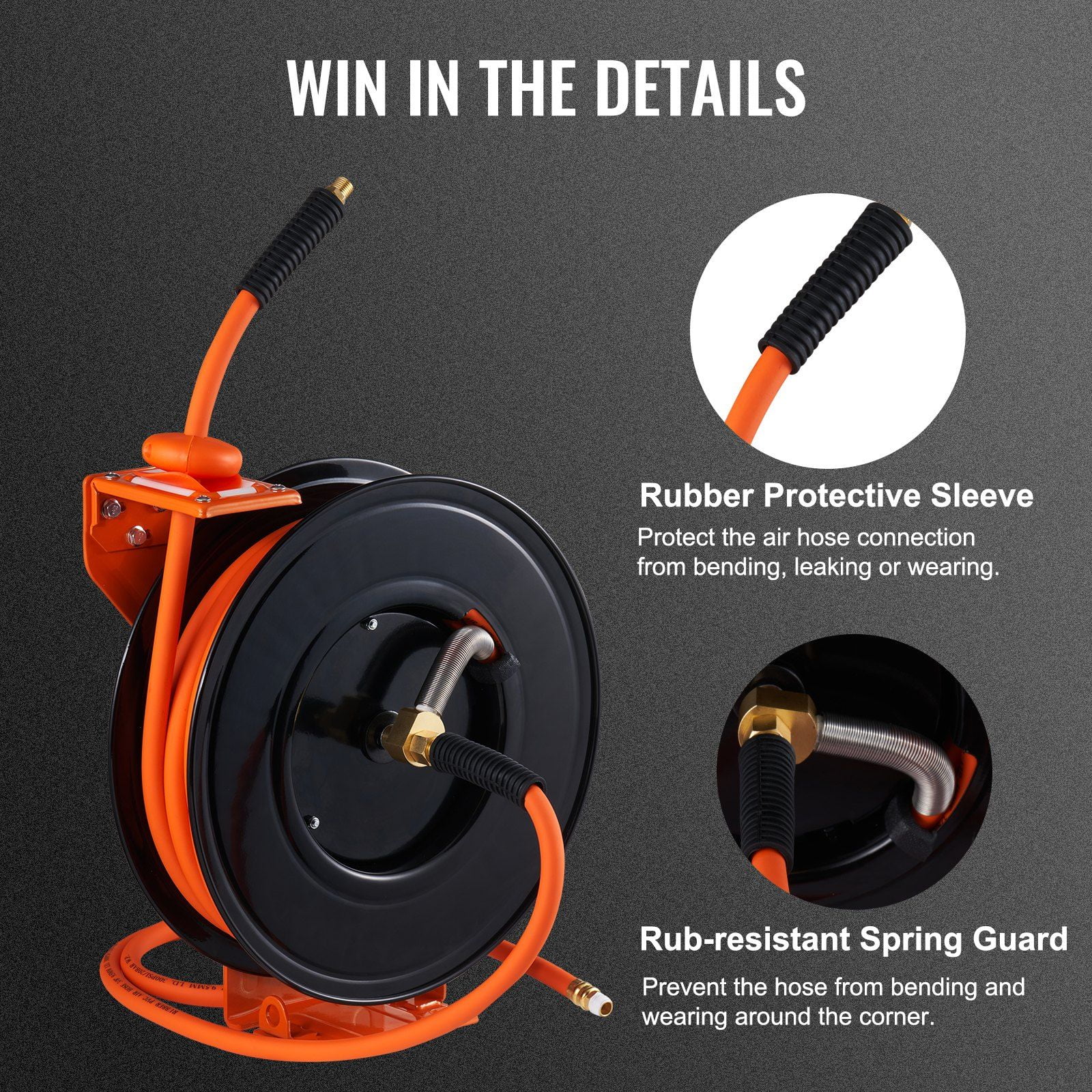 50FT Retractable Air Hose Reel - 3/8" Hybrid Hose (300PSI) w/ Auto Rewind - Heavy Duty Steel for Wall/Ceiling Mount - Industrial & Garage Use
