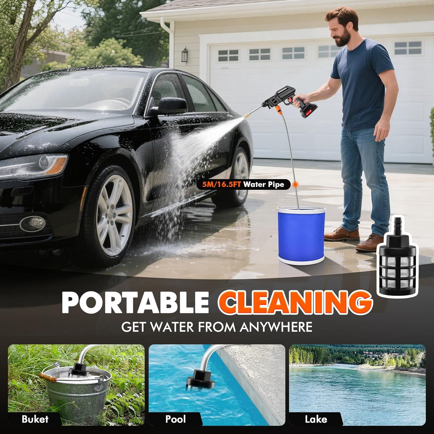 Cordless Pressure Washer, 1500W 21V Portable Power Washer, Rechargeable Battery Pressure Washer with 5M Hose & 3 Nozzles, Electric Pressure Washers for Car Patio Garden Cleaning Watering