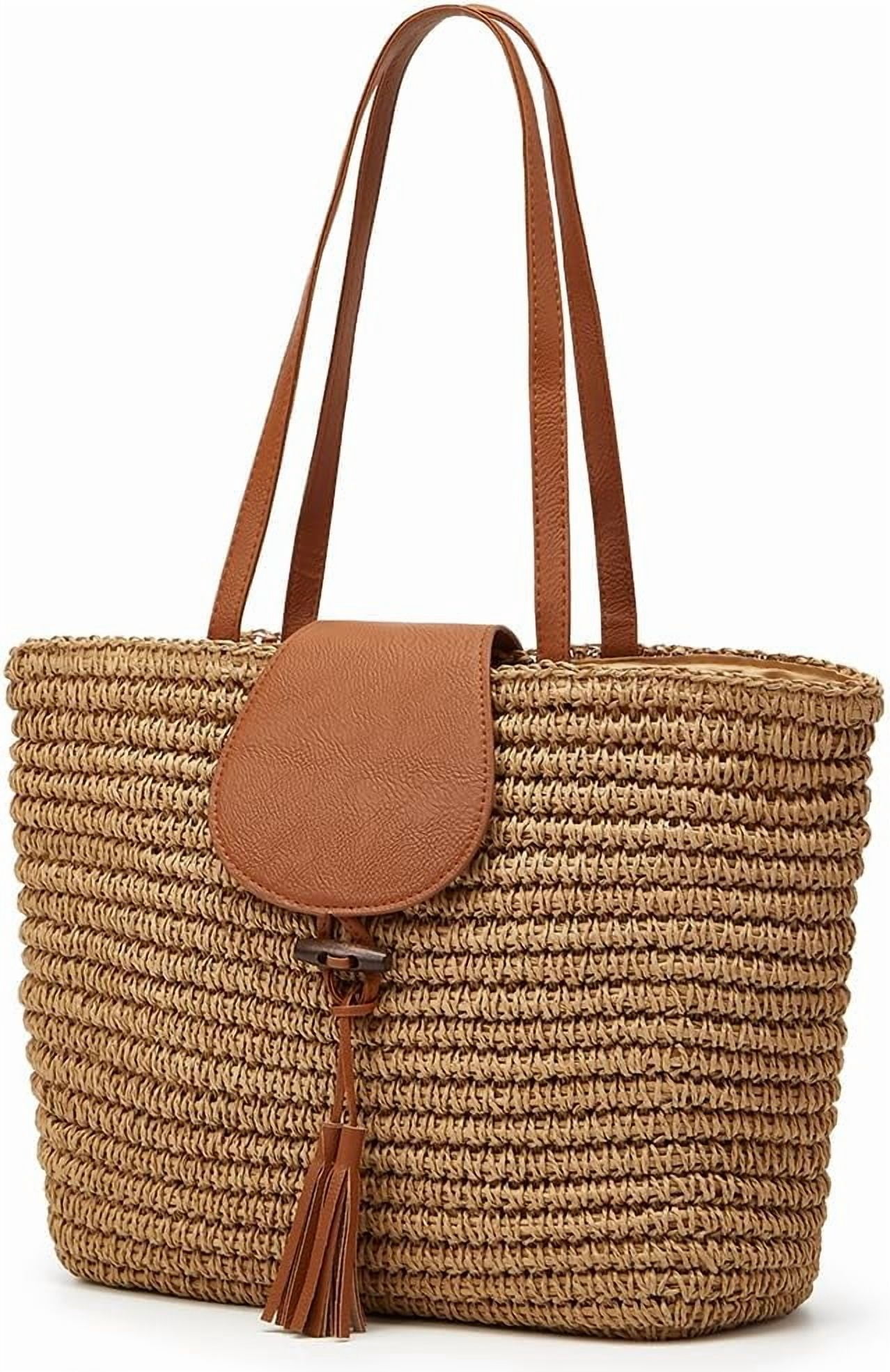 Summer Straw Shoulder Bags for Women Large Woven Tote Purse Casual Beach Vacation Top Handle Handbags with Tassel