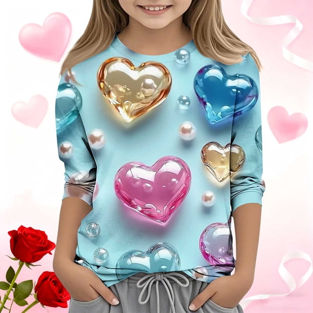 Blusas y camisas de cuello redondo y manga larga para niños, blusas/camisas de poliéster con estampado de corazones, mangas 3/4 y cuello redondo, elegantes e informales.