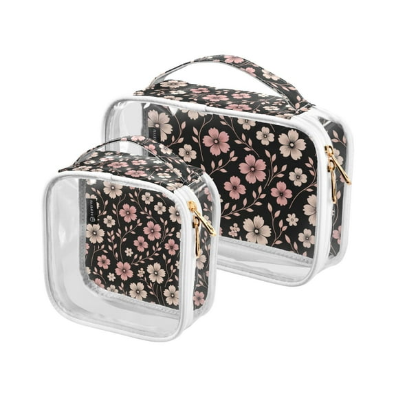 Cute Pink Flowers on Black Makeup Bags Set Travel Toiletry Bags Portable Cosmetic Bags Organizer Waterproof 2 Packs