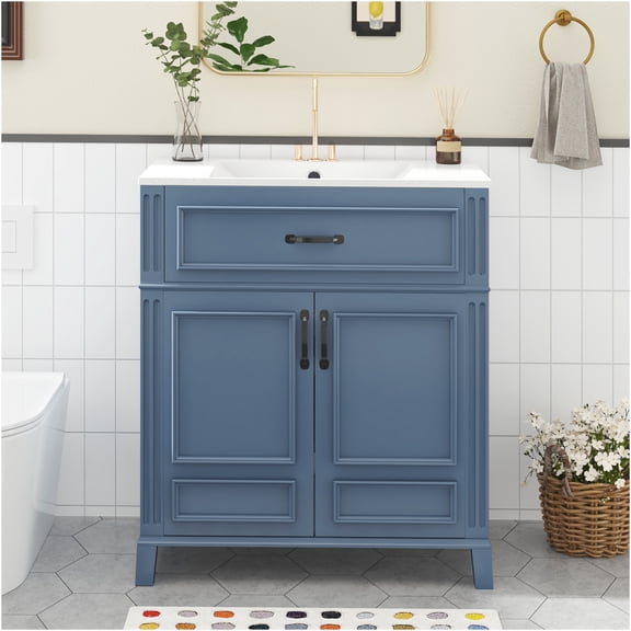 JERFIT 30 inch Blue Retro Bathroom Vanity with Ceramic Sink, 2 Soft Closing Doors & 2 Drawers, Solid Wood Frame Storage Cabinet for Bathroom