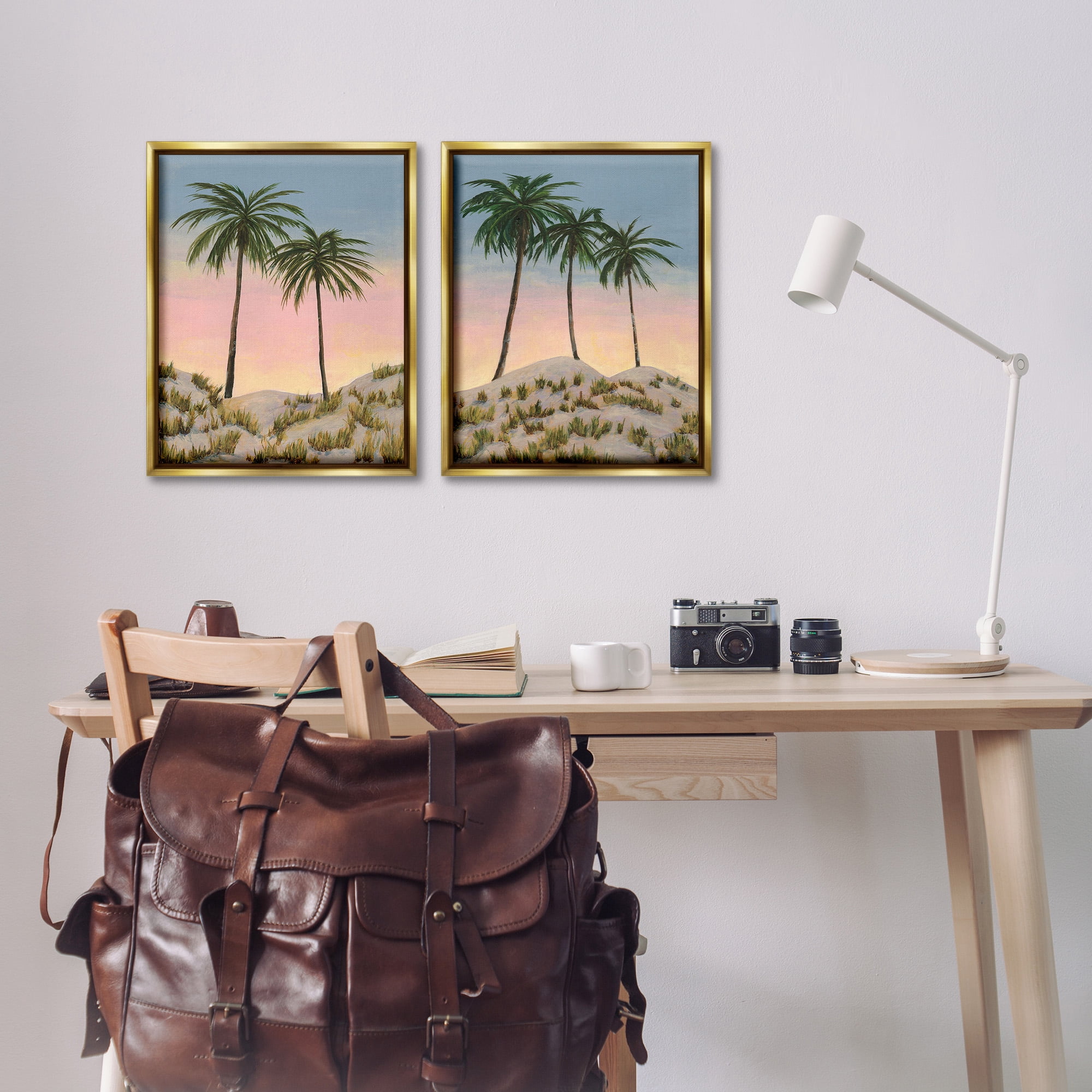 Stupell Industries Sunrise Tropical Scene Landscape Painting Gold Floater Framed Canvas Art Print Wall Art, 17 x 21, Set of 2