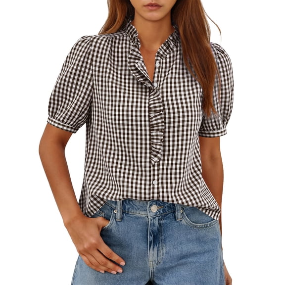 hlysgo Puff Short Sleeve Tops for Women Striped Plaid Ruffle V Neck Button Down Shirts Summer Business Casual Work Blouses Brown,XL
