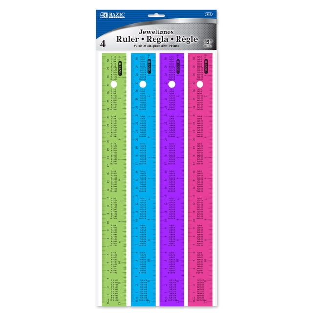 BAZIC Plastic Ruler 12"" (30cm) w/Multiplication Table, Inches Centimeter Measuring Drafting Rulers, for Students School Supplies (4/Pack), 1-Pack