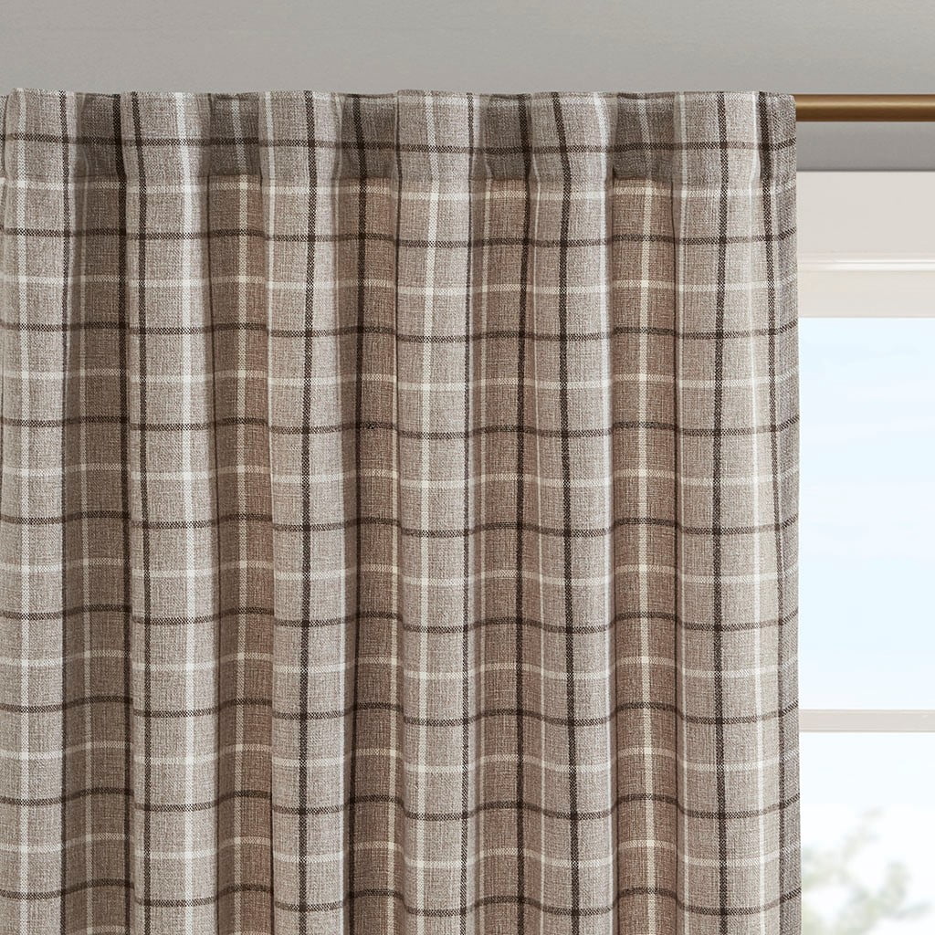 Plaid Rod Pocket and Back Tab Curtain Panel with Fleece Lining Brown 50"x84"