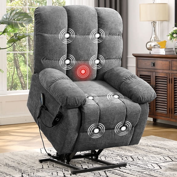 BedLuxury Lay Flat Recliner Power Lift Chair for Elderly with Massage and Heat,Dual Motor Big and Tall Recliner for Living Room with Side Pockets,Infinite Position(Grey)