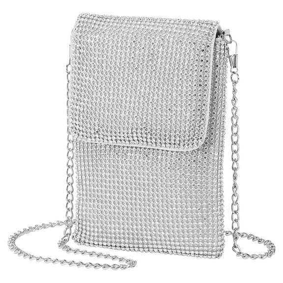 Uxcell Evening Handbags Clutch Purses for Women, Crossbody Bag Crystal Rhinestone Purse Shoulder Bag Sparkly for Wedding Party Cocktail Silver