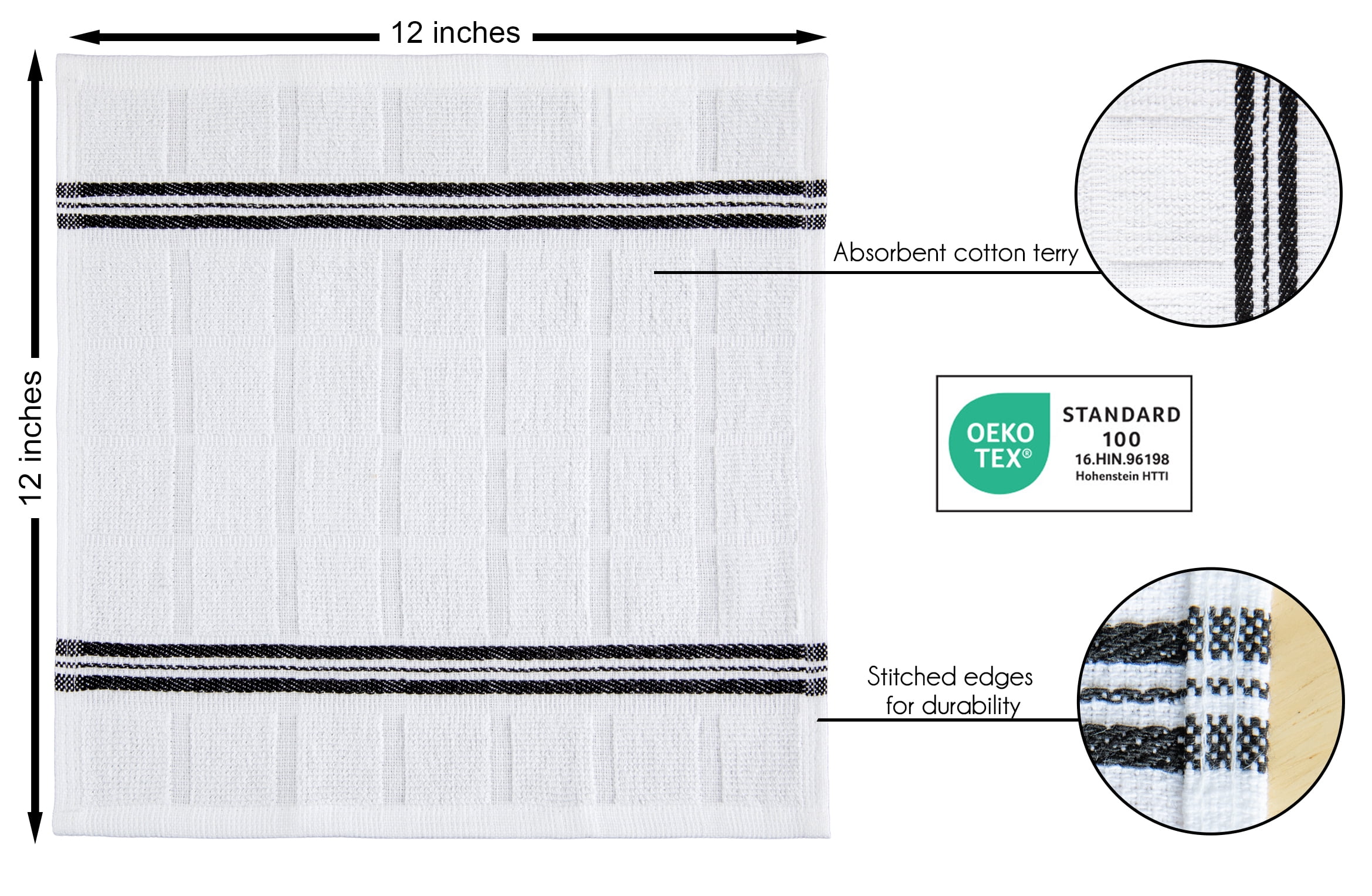 Mainstays Cotton Dishcloths, Black & White Stripe, 12 x 12 Inches, 4 Pack