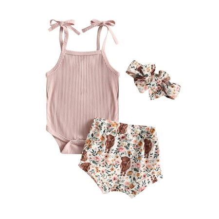 

Qtinghua Western Baby Girl Outfit Sleeveless Strap Ribbed Romper Top Cow Print Shorts Headband 3Pcs Summer Clothes Pink 3-6 Months