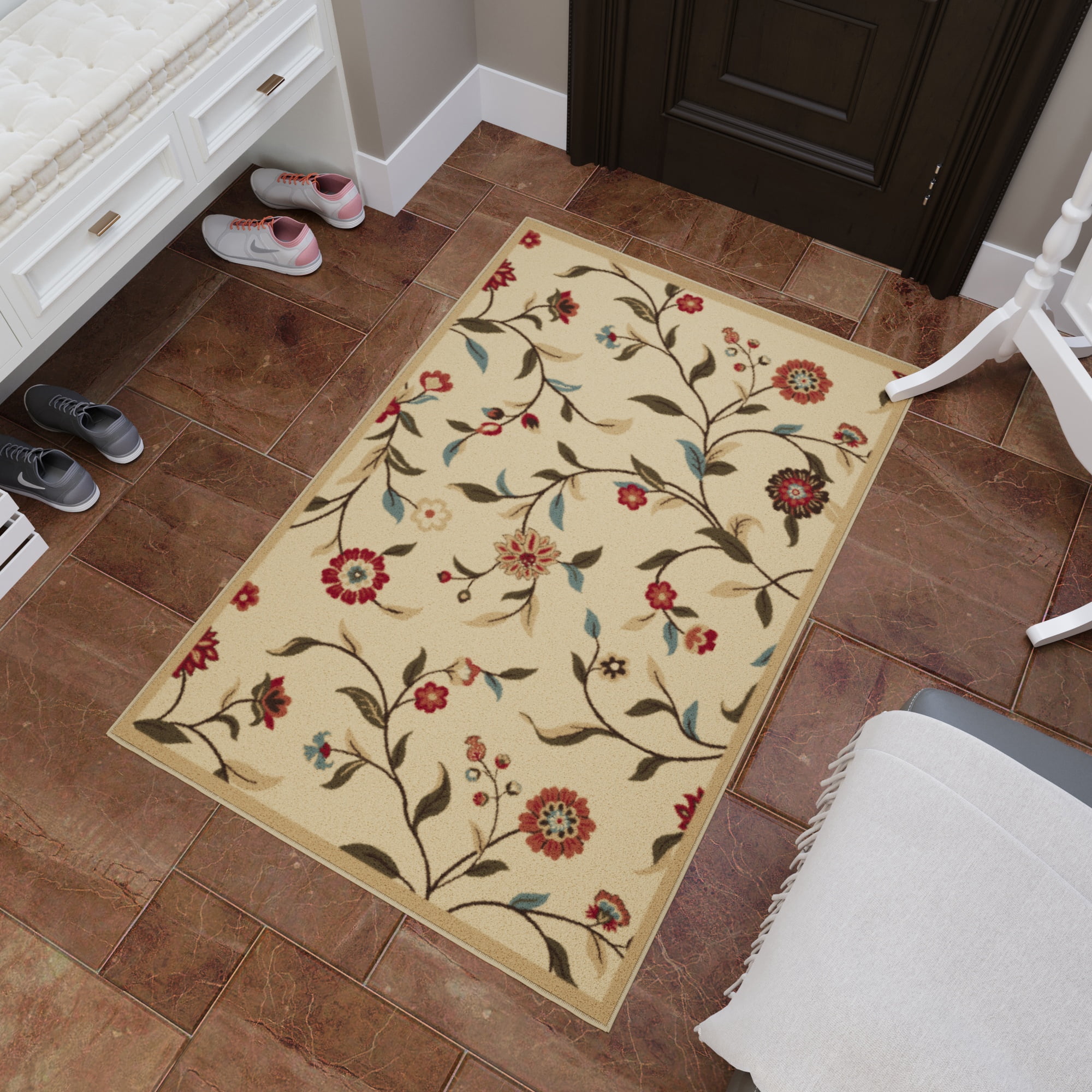 Ottomanson Non-Slip Indoor Entryway Rug 1'10.5" x 3' – Low Pile Stain Resistant Door Mat, Floral Beige
